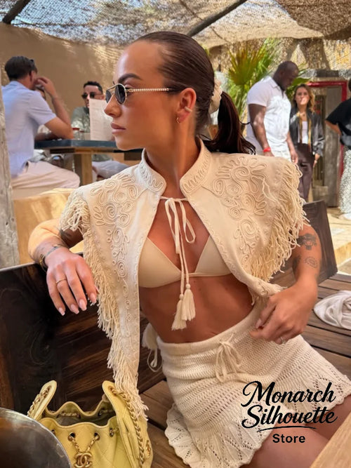 Chic Embroidery Tassel Shawl Women Casual Solid Stand Neck Sleeveless Irregular Short Top 2026 Female Vacation Daily Clothes New