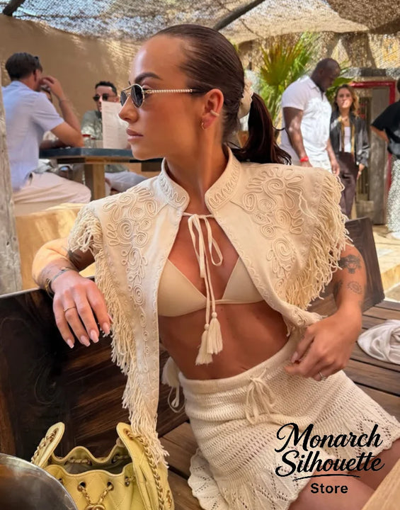 Chic Embroidery Tassel Shawl Women Casual Solid Stand Neck Sleeveless Irregular Short Top 2026 Female Vacation Daily Clothes New