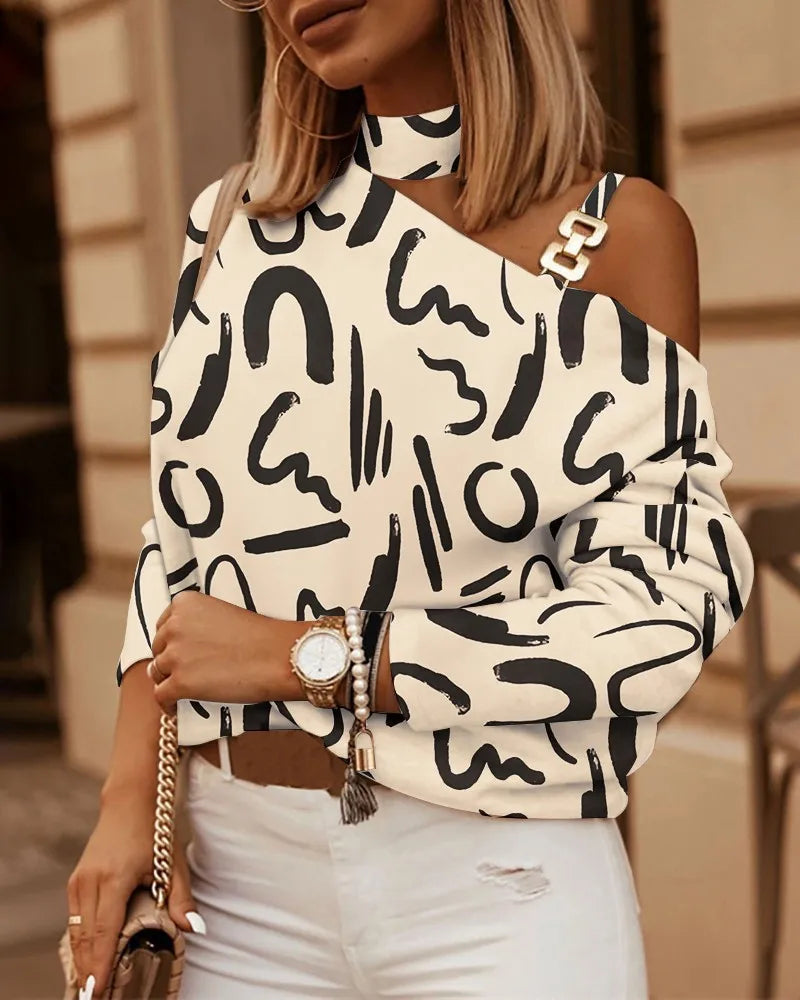 Women Tops Long Sleeve Skew Collar Tees Print T Shirts Pullover High Street Tee Autumn Loose Fit 2025 Casual Buttons Chain
