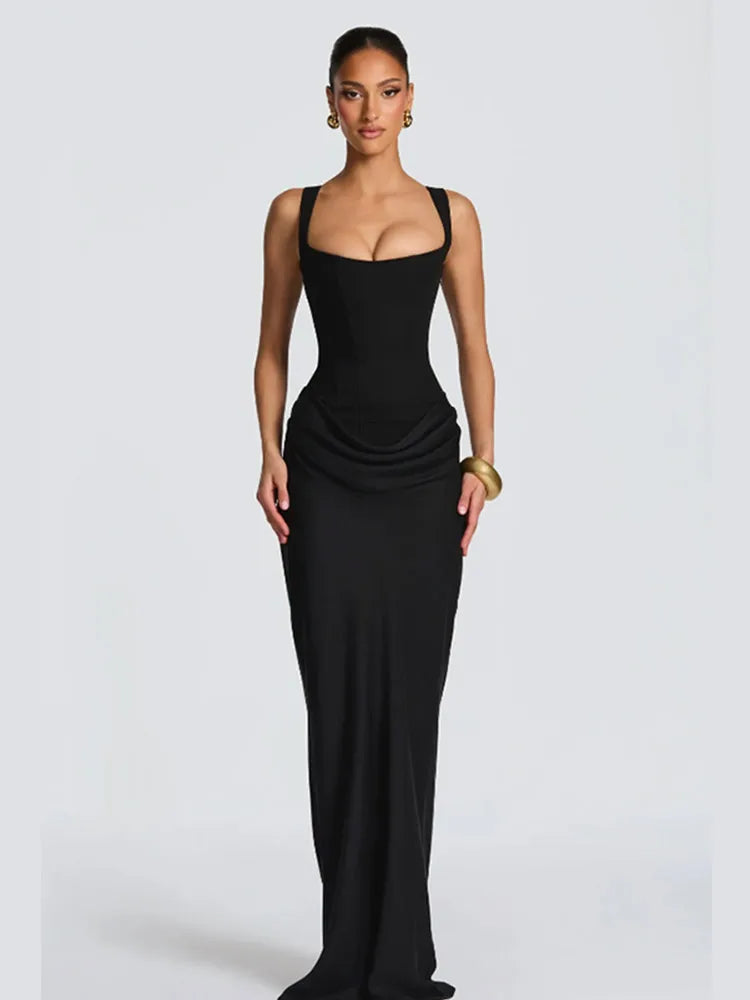 Women Brown Square-neck Pleated Sling Maxi Dress Sexy Sleeveless Off-shoulder Waist Cinching Slim Dresses Evening Party Gown