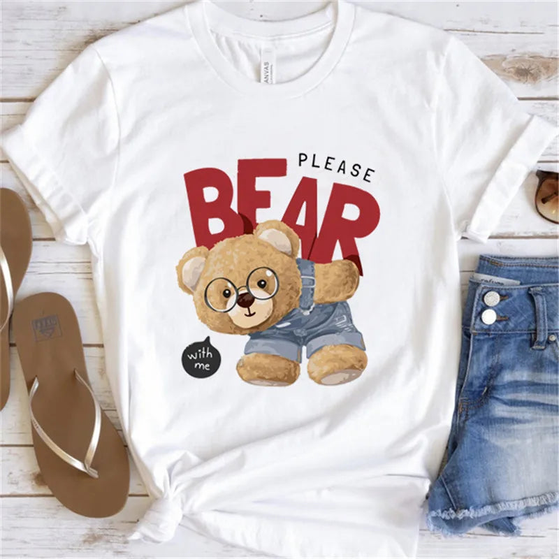 Fashion Graphic T-shirt Women Cute Bear Short-sleeved Clothes Women Print T-shirt Summer 90's Fashion Style Women T-shirt