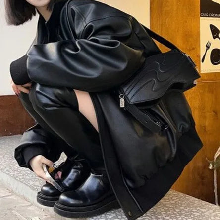 Black Leather Jacket Women's American Retro Style Motorcycle Jacket Student Slimming Trendy Outerwear Spring Autumn