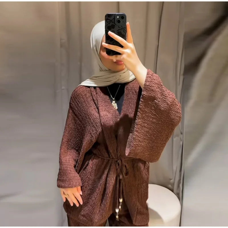 Tie Front Textured Women Set V-Neck Loose Set Wide Sleeve Drawstring Pants Casual Lounge Solid Color 2 Piece Outfits For Daily