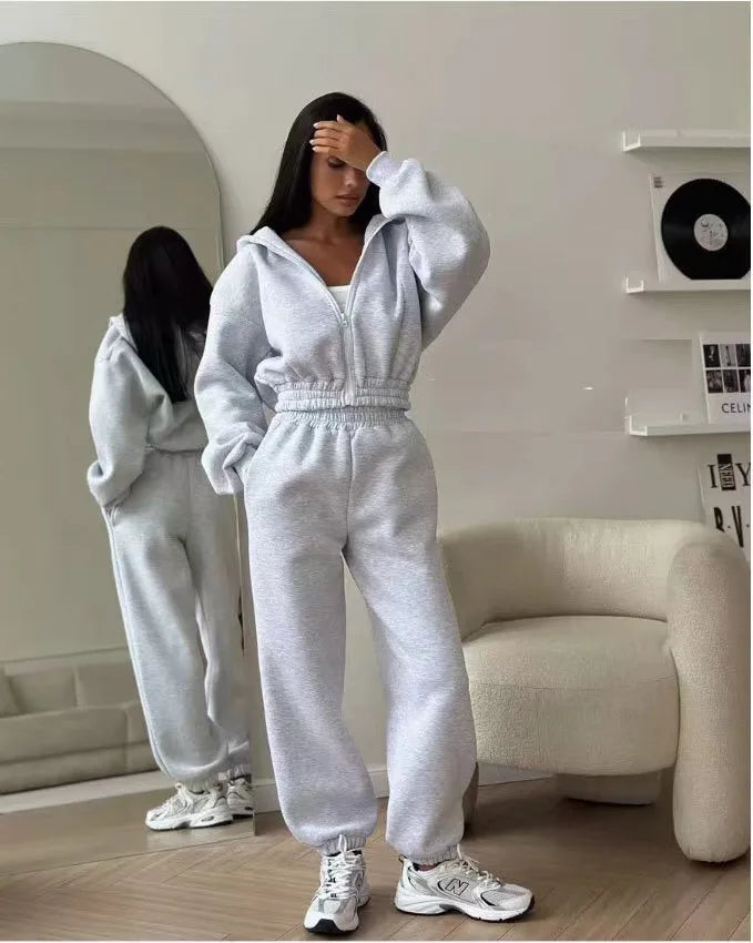 Pant Sets Two Pieces Hooded Solid Hoodies Matching Sets Zipper Sweatshirts Long Sleeve Loose Drawstring Pencil Pants Casual