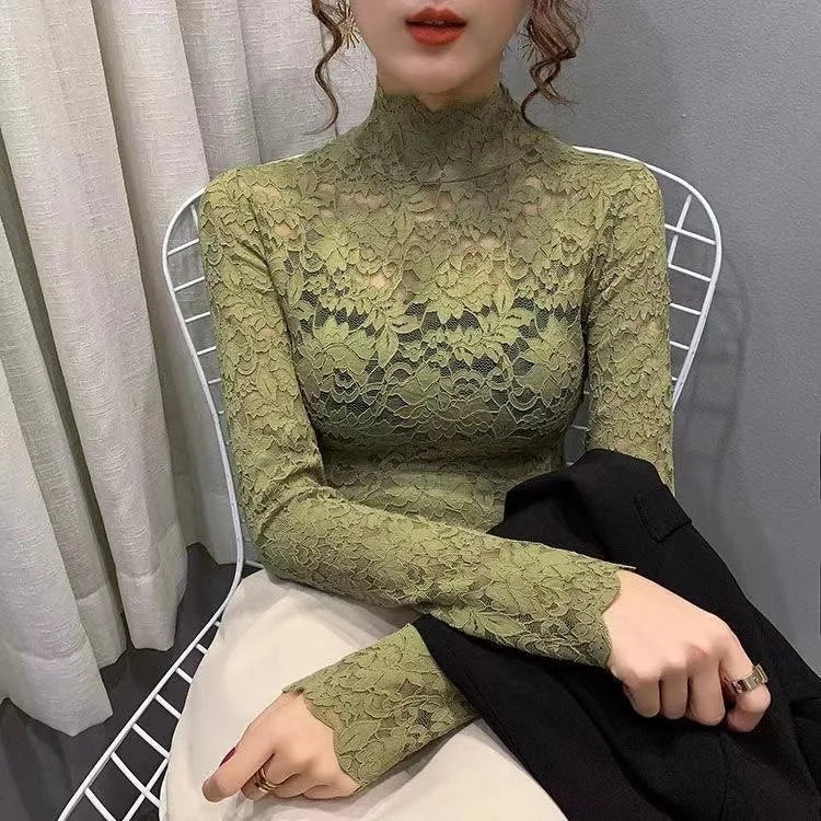 Lace Base Layer Shirt Women's Spring Autumn Winter Fashionable Inner Wear Half High Collar Elastic Top Hollow out Nylon Small...