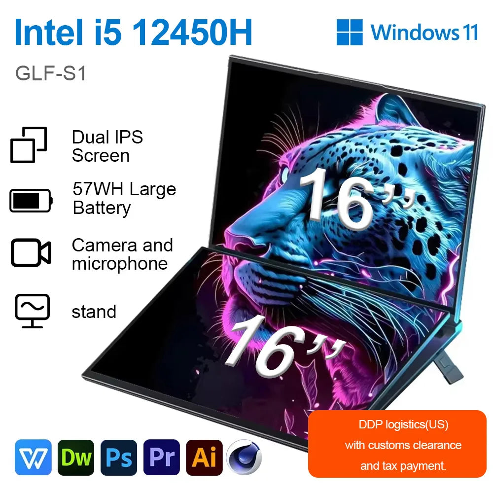 GLF-S1 Laptop 16+16 Inch Big Dual Screen Intel I3-1215U Laptop Computers Camera Windows 11 DDR4 M.2 2280 2TB WIFI Dual Notebook