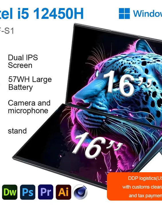 GLF-S1 Laptop 16+16 Inch Big Dual Screen Intel I3-1215U Laptop Computers Camera Windows 11 DDR4 M.2 2280 2TB WIFI Dual Notebook
