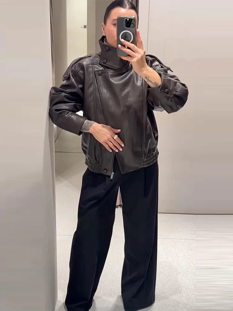Women Bomber Jacket Leather Coat Retro Coat Stand-Collar Top Textured Clothes Lversized Biker Coat Casual Streetwear Outerwear