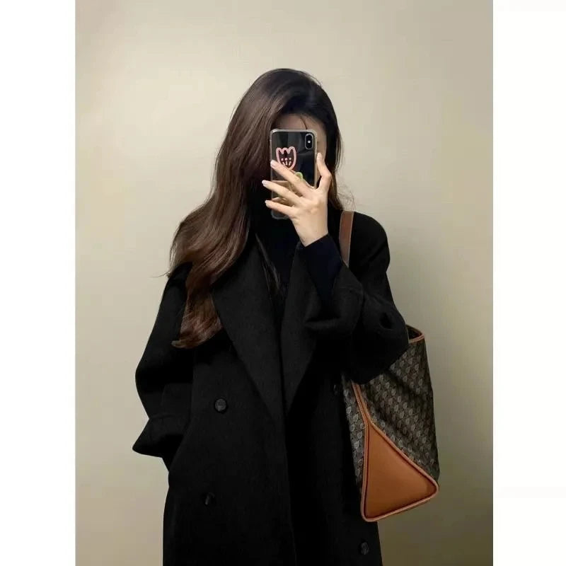 100% Wool Coat Lapel Overcoat Women Wool Blend Double Breasted Long Sleeve Shoulder Pad Coat 2024 Autumn Female Outwear