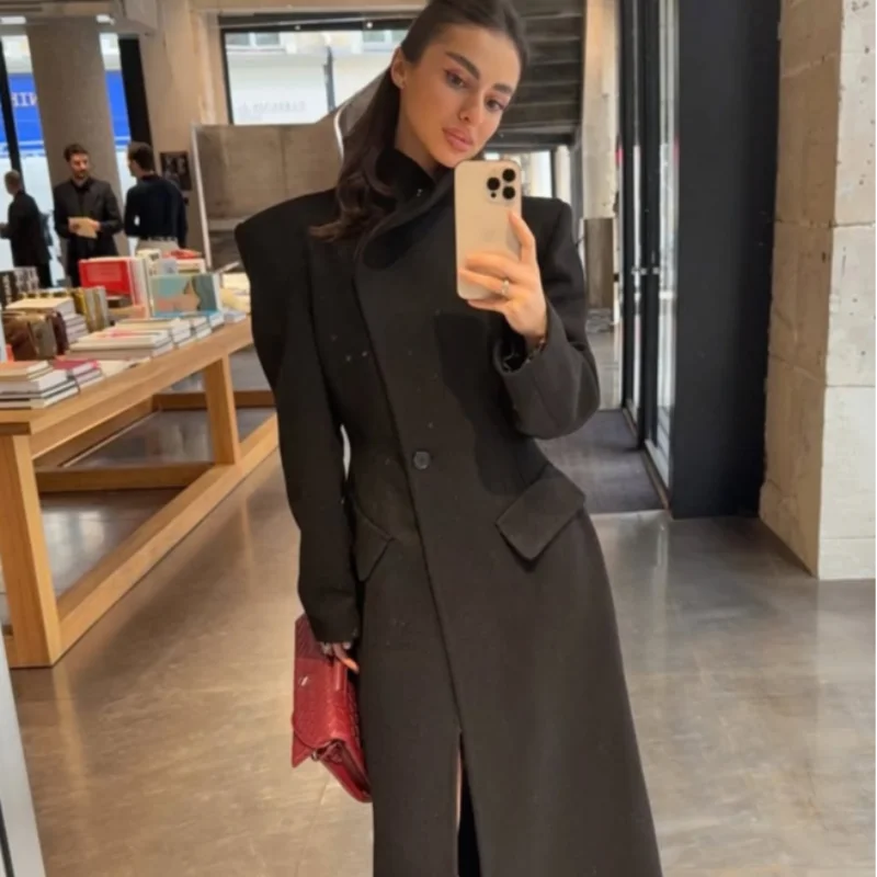 Elegant Women's Woolen Coat Black Single-Button Stand Collar Slim Lady Long Coats 2025 Autumn Winter Chic Female Streetwear New