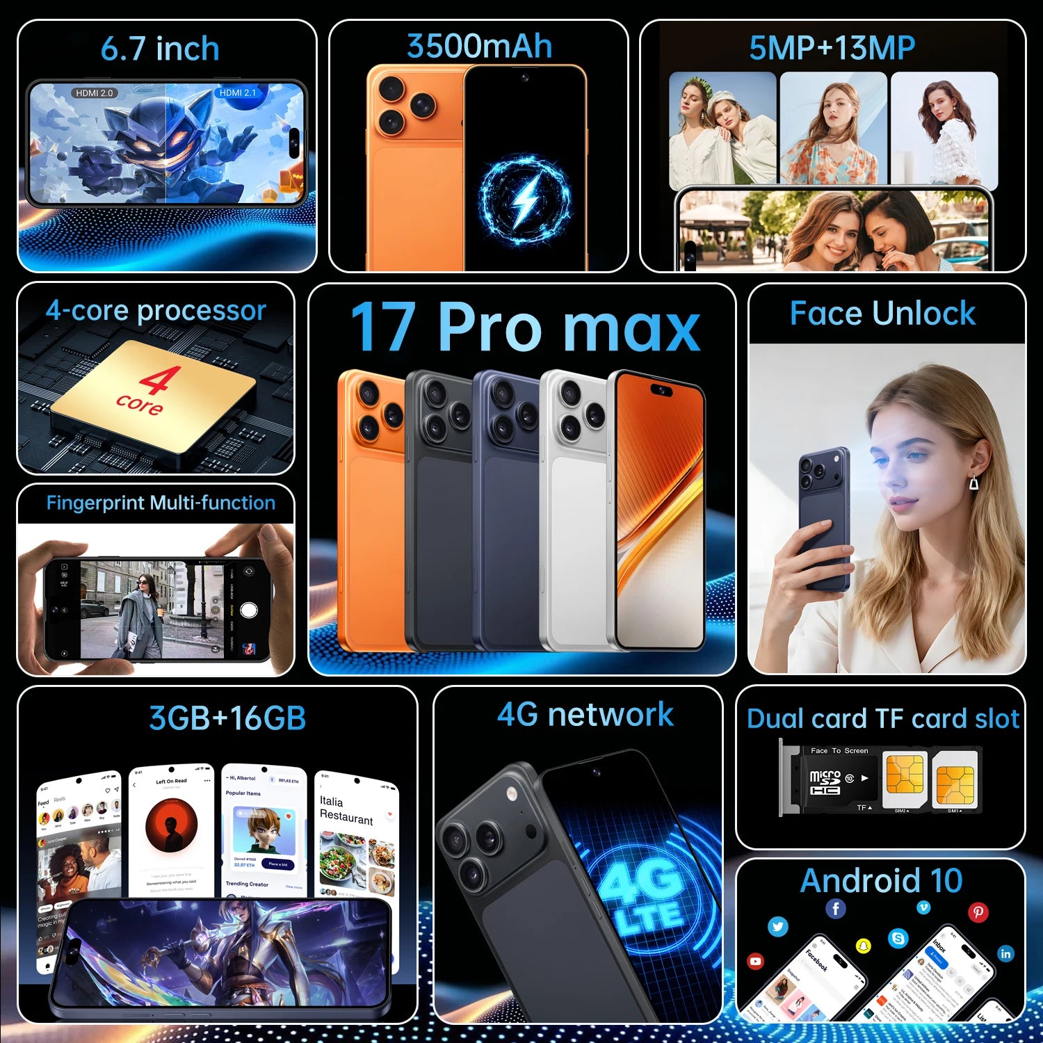 IVMI 17Pro Max Smartphones Android 10.0 Dual SIM 6.7"Display 3GB RAM 16GB ROM WIFI Bluetooth Play Store 4G Small Mobile Phone