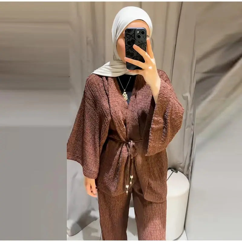 Tie Front Textured Women Set V-Neck Loose Set Wide Sleeve Drawstring Pants Casual Lounge Solid Color 2 Piece Outfits For Daily
