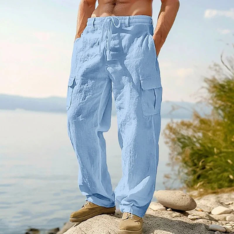 Summer Men'S Cotton And Linen Pants Multiple Pockets Breathable Loose Drawstring Straight Leg Pants Sports And Casual Pants