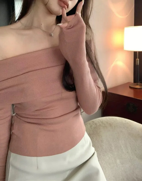 Solid Sexy Off Shoulder T-shirt Elegant Long Sleeve Tops Black Fashion Slim T Shirt Women Autumn Y2k Clothing Elastic Skinny Top