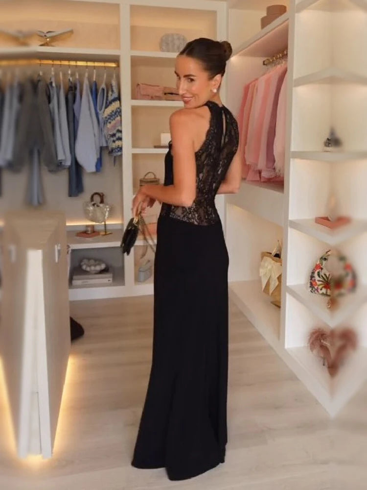 Elegant Black Halter Neck Lace Maxi Dress Women Sexy Sheer Floral Mesh Waist Sleeveless Vestido Summer Beach Vacation Long Gowns
