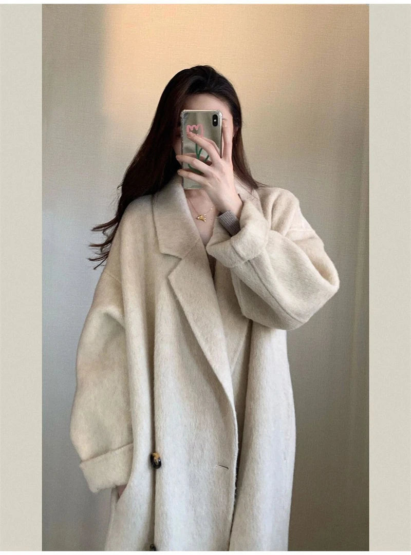100% Wool Coat Lapel Overcoat Women Wool Blend Double Breasted Long Sleeve Shoulder Pad Coat 2024 Autumn Female Outwear