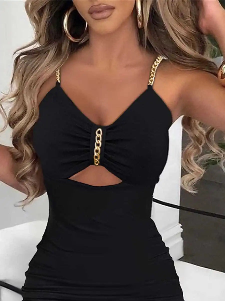 Slip Dress Women Sexy Sundress Split Chain Hollow Out V Neck Sleeveless Maxi Gown Bodycon Vestidos Party Sheath Dresses 2025