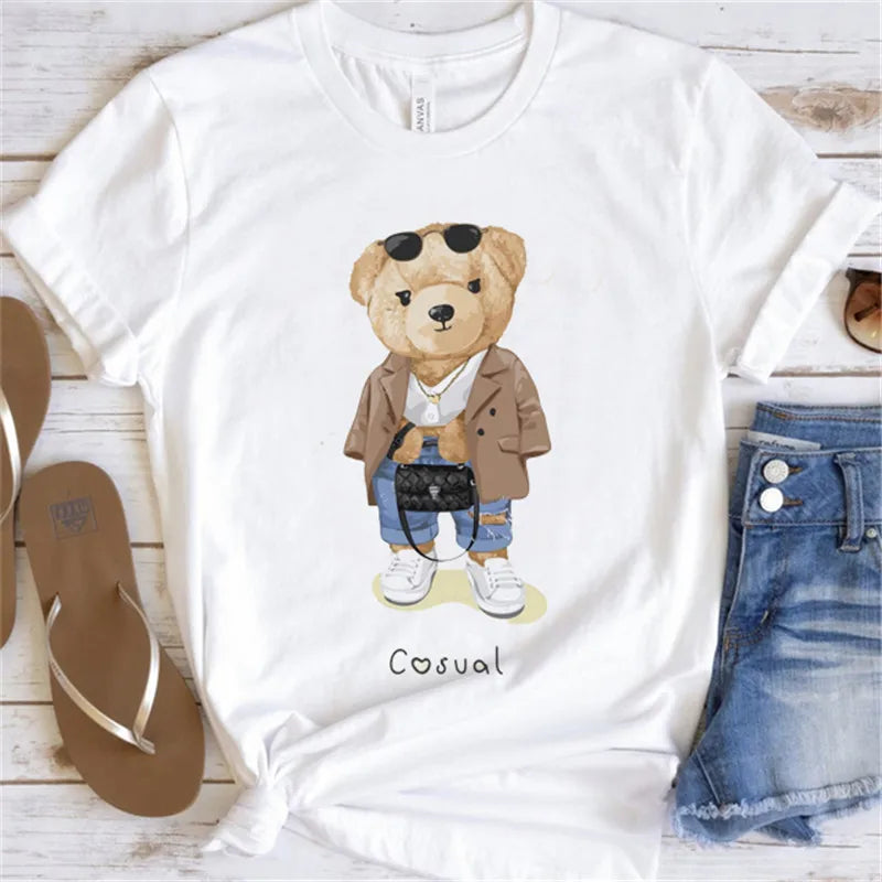 Fashion Graphic T-shirt Women Cute Bear Short-sleeved Clothes Women Print T-shirt Summer 90's Fashion Style Women T-shirt