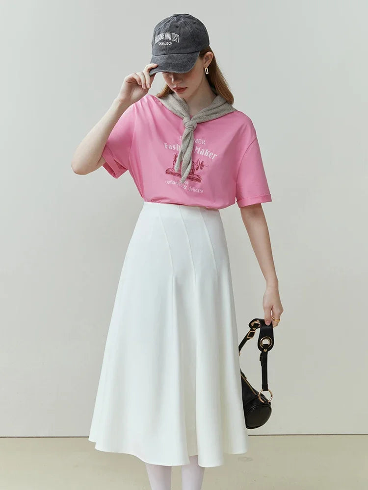 FSLE Women Cotton T-shirt Simple Print Design Dropped Shoulder Round Neck Women Solid Tees 2023 Spring Commuter Casual Tops