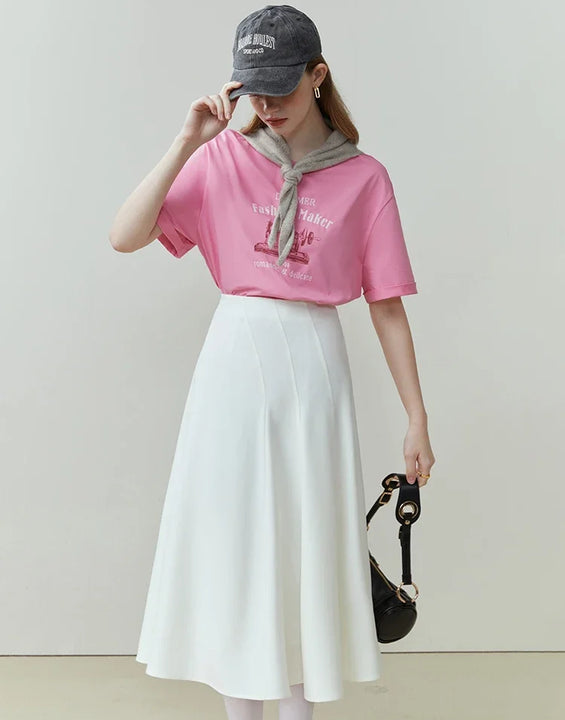 FSLE Women Cotton T-shirt Simple Print Design Dropped Shoulder Round Neck Women Solid Tees 2023 Spring Commuter Casual Tops