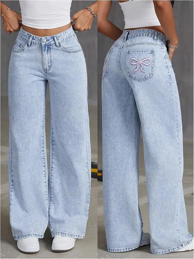 UNITIM Lady Versatile Washed Denim Trousers Women Straight Leg Slim Fit Jeans Pants Women Pockets Vintage Floor Length Trousers