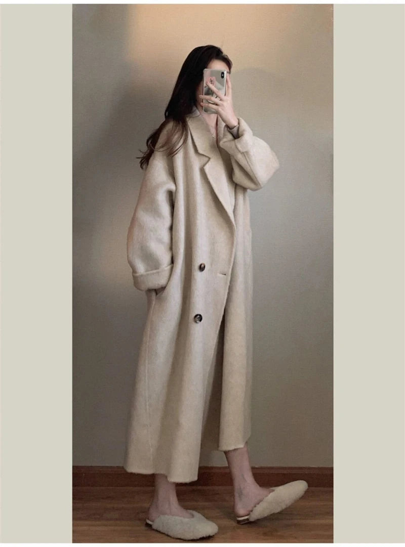 100% Wool Coat Lapel Overcoat Women Wool Blend Double Breasted Long Sleeve Shoulder Pad Coat 2024 Autumn Female Outwear