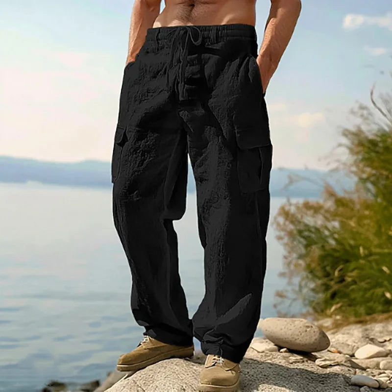 Summer Men'S Cotton And Linen Pants Multiple Pockets Breathable Loose Drawstring Straight Leg Pants Sports And Casual Pants