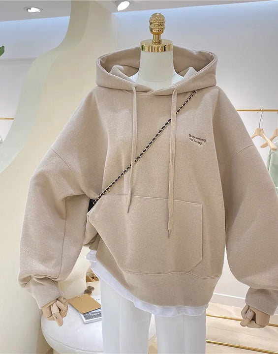 Women Solid Hoodies Sweatshirts Loose Long Sleeve Tops Casual Sporty Thick Warm Ladies Pockets Hooded Pullover Sweatshirt