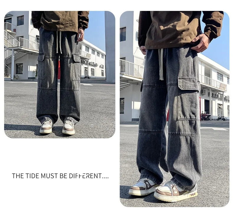 2025 new men's cement grey work jeans Y2K street hip-hop large pocket wide-leg straight jeans trousers jogging black light blue