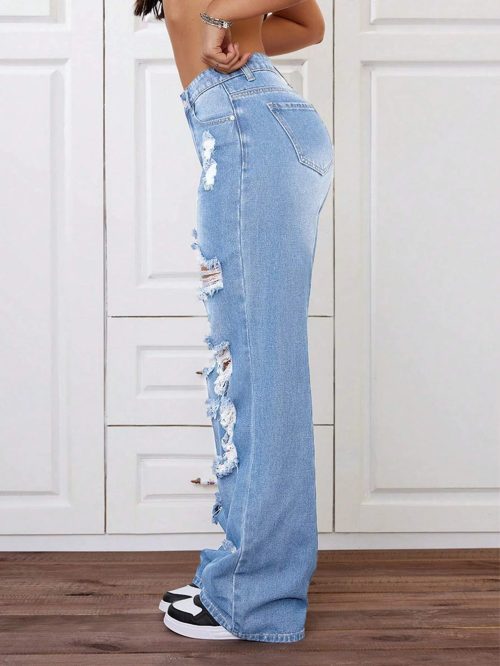 ANJY Spring Autumn New Women Washed Vintage Ripped Design High Street Jeans Trendy Fashion Straight Versatile Denim Pants A23084