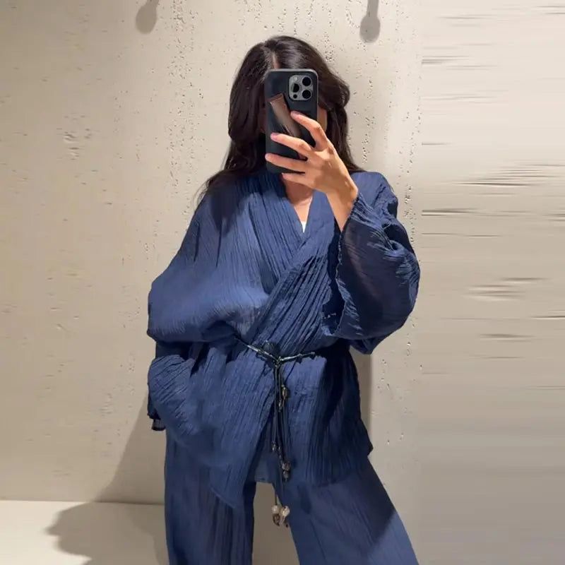 Tie Front Textured Women Set V-Neck Loose Set Wide Sleeve Drawstring Pants Casual Lounge Solid Color 2 Piece Outfits For Daily