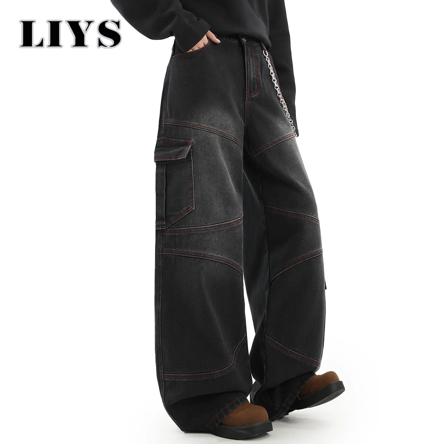 American Street Retro Bright Thread Deconstruction Loose Wide Leg Jeans Unisex  Baggy Men's Clothes Multi Pocket Workwear Jeans