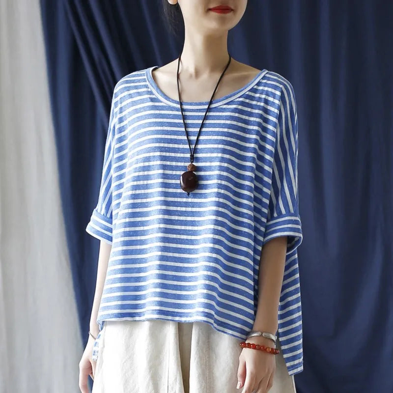 Johnature Women Casual Striped T-Shirts O-Neck Half Sleeve Tees 2025 Autumn New Cotton Soft Women Clothes Loose T-Shirts