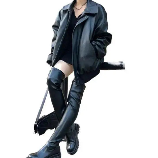 Black Leather Jacket Women's American Retro Style Motorcycle Jacket Student Slimming Trendy Outerwear Spring Autumn