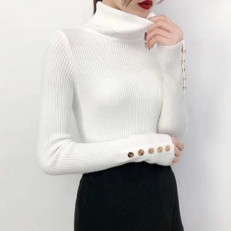 2026 Knitted Turtleneck Women Sweater Button Long Sleeve Pullovers Autumn Winter Basic Femme Sweaters Slim Solid Pull Tops