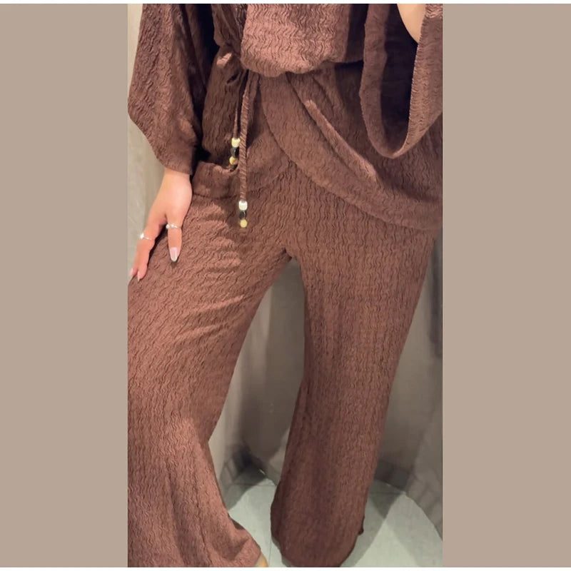 Tie Front Textured Women Set V-Neck Loose Set Wide Sleeve Drawstring Pants Casual Lounge Solid Color 2 Piece Outfits For Daily