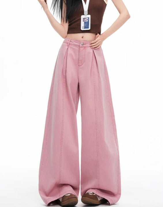 Women's Pink Folds Wide Leg Jeans 2026 Korean Fashion New High Waist Loose Casual Denim Trousers Streetwear Y2k