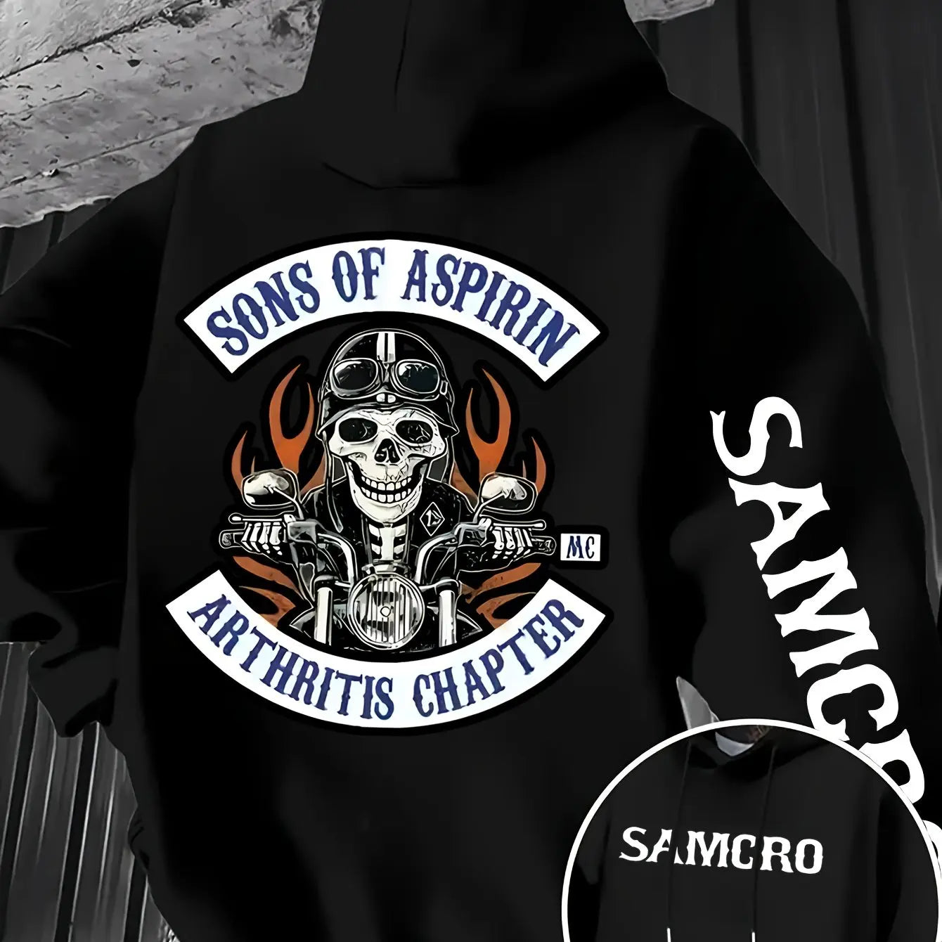 Men's Gothic Patterned Hooded Sweatshirt with Skull and Motorcycle Pattern on The Back Pullover Hoodie for Autumn and Winter