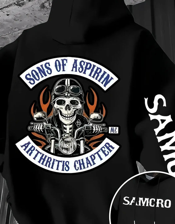 Men's Gothic Patterned Hooded Sweatshirt with Skull and Motorcycle Pattern on The Back Pullover Hoodie for Autumn and Winter