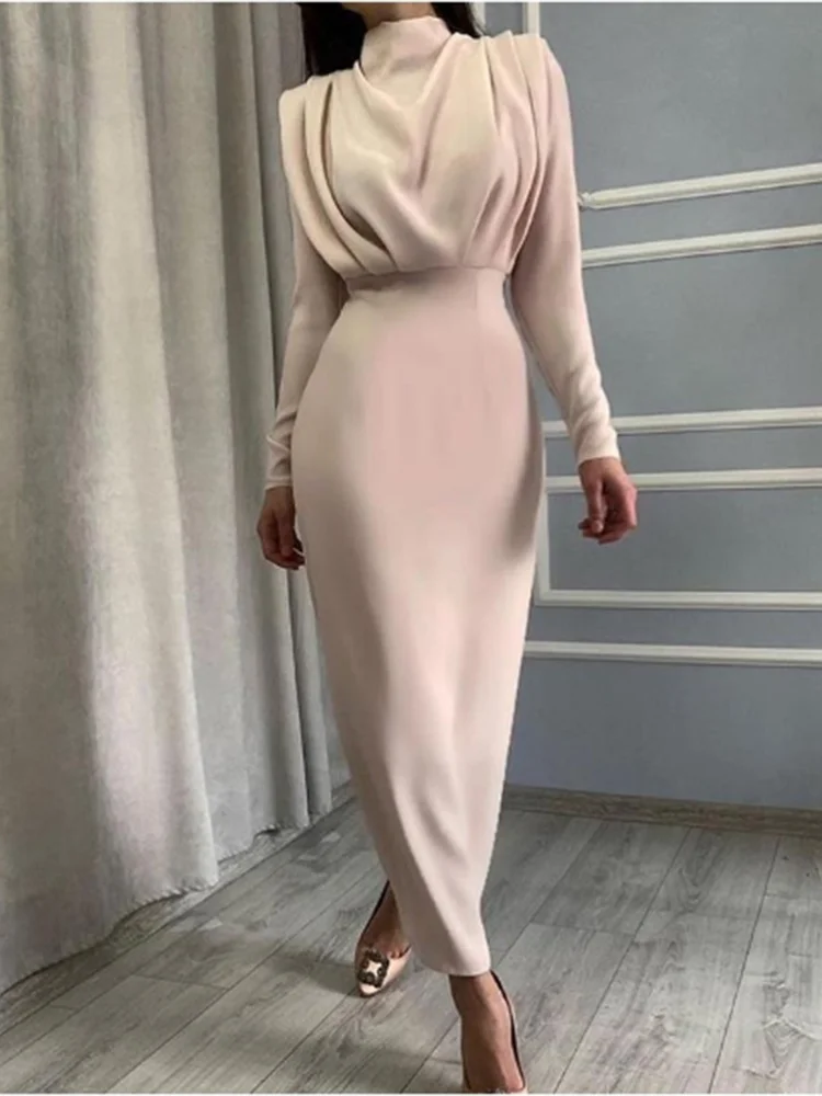 Round Neck Pleated Long Sleeved High Waisted Solid Color Women's Dress Daily Office Elegant Urban Style Autumn Dress