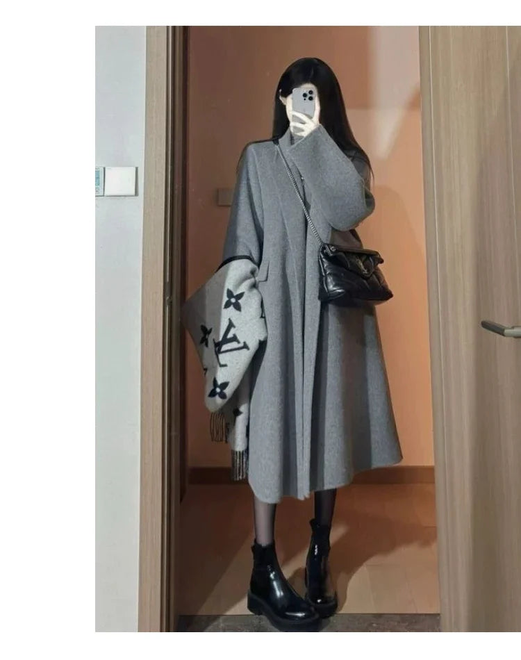 High-end Gray Women Thick Double-sided Wool Cashmere Coat New Loose Lapel Long Sleeve Woolen Coats Female Overcoat Winter