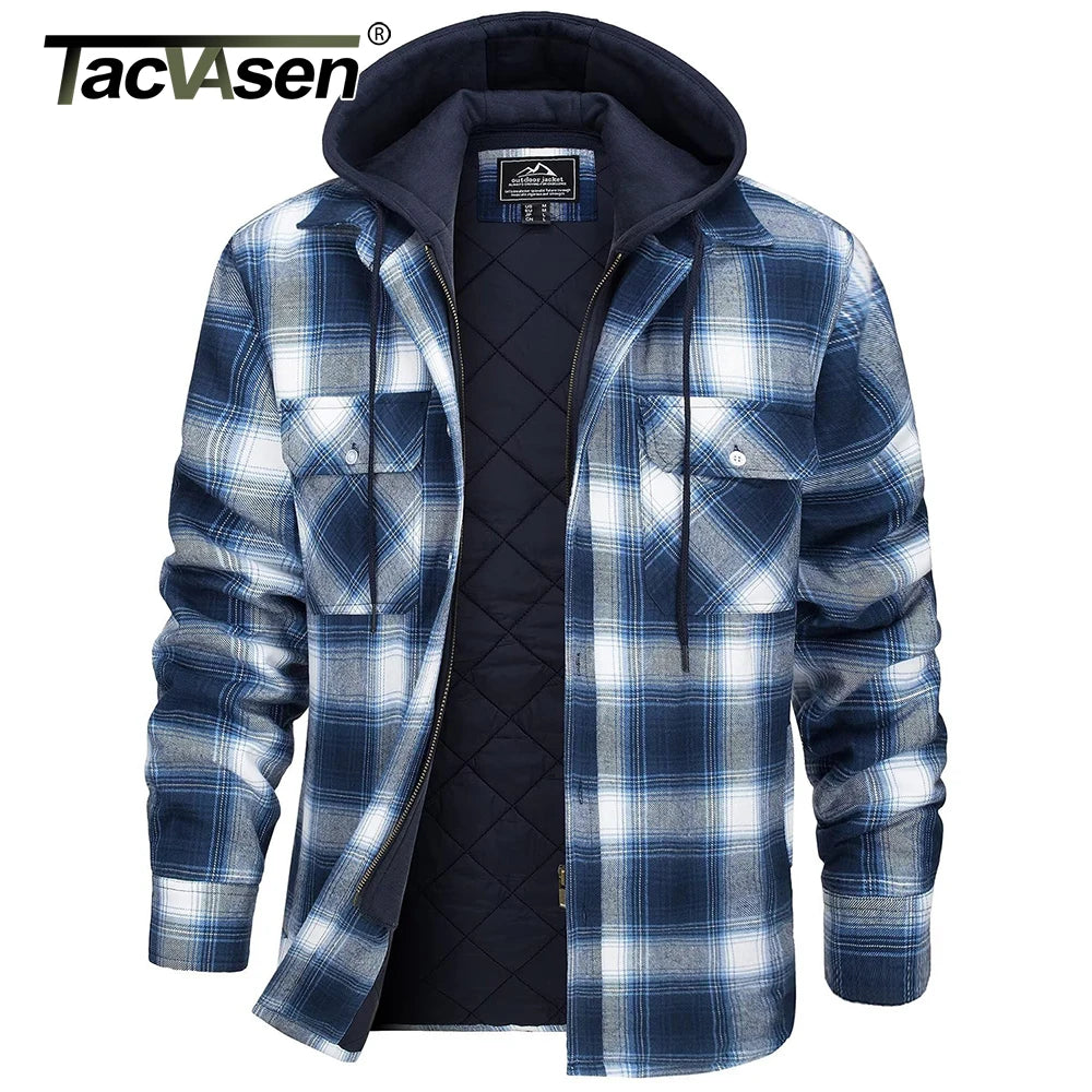 TACVASEN Men's Flannel Shirt Jacket with Removable Hood Plaid Quilted Lined Winter Coats Thick Hoodie Outwear Man Fleece Shirts