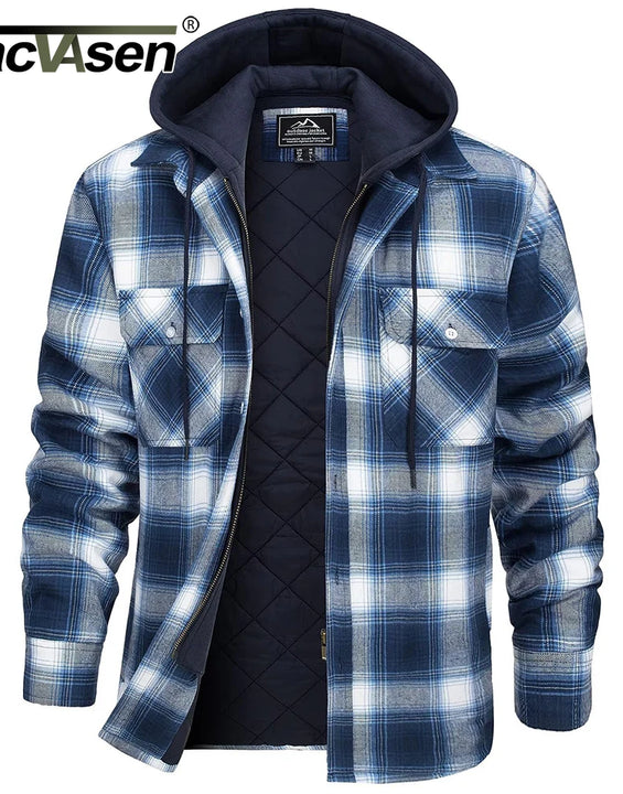 TACVASEN Men's Flannel Shirt Jacket with Removable Hood Plaid Quilted Lined Winter Coats Thick Hoodie Outwear Man Fleece Shirts