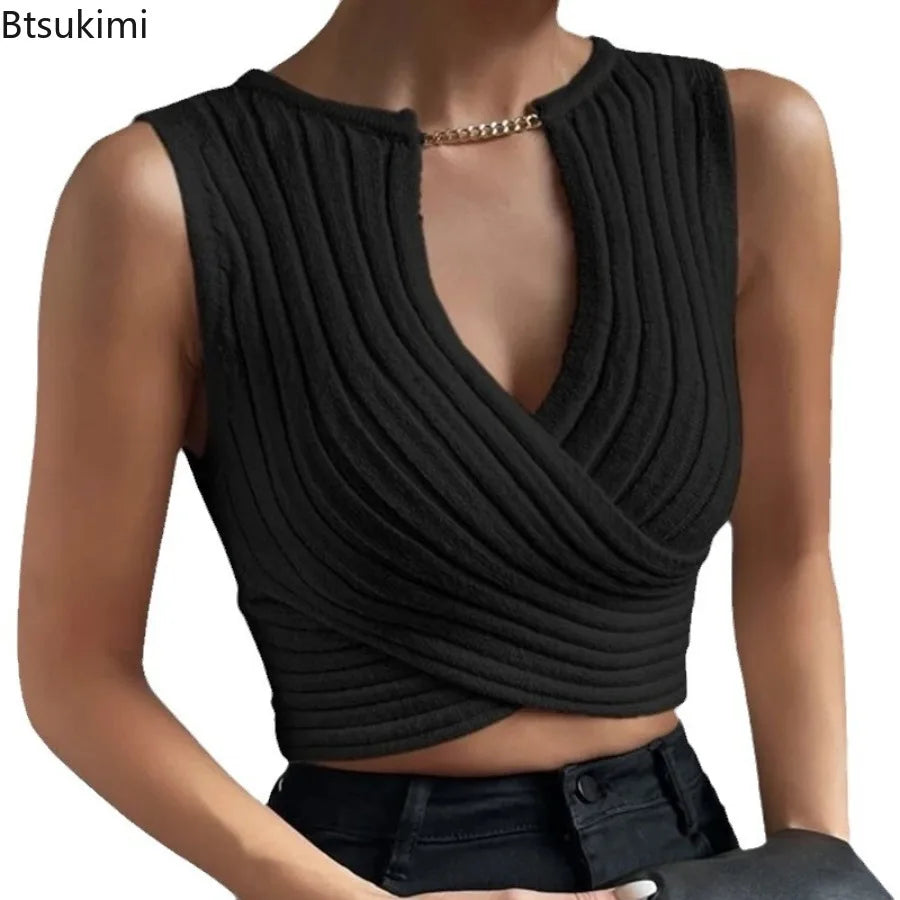 Sexy Crossed Knitted Sweater Bottoming Vest Fashion Design Slim Solid Knit V-neck Vests T-shirt Autumn Winter Cropped Tank Tops