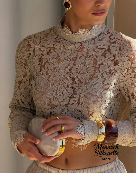 Lace Top Pants 2 Piece Set Women Chic Solid Half High Collar Cropped Back Split Long Pant Suit 2026 Lady Daily Street Outfit New