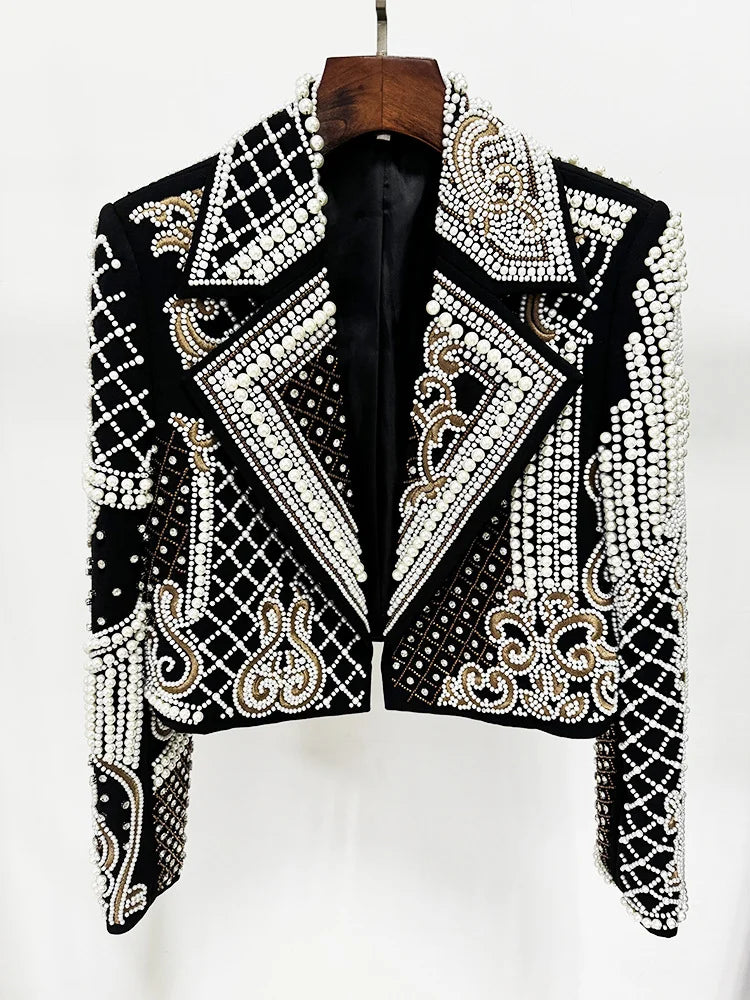 HIGH STREET Newest 2026 Stylish Designer Fashion Women's Luxurious Diamonds Pearls Embroidered Beaded Cropped Velvet Jacket