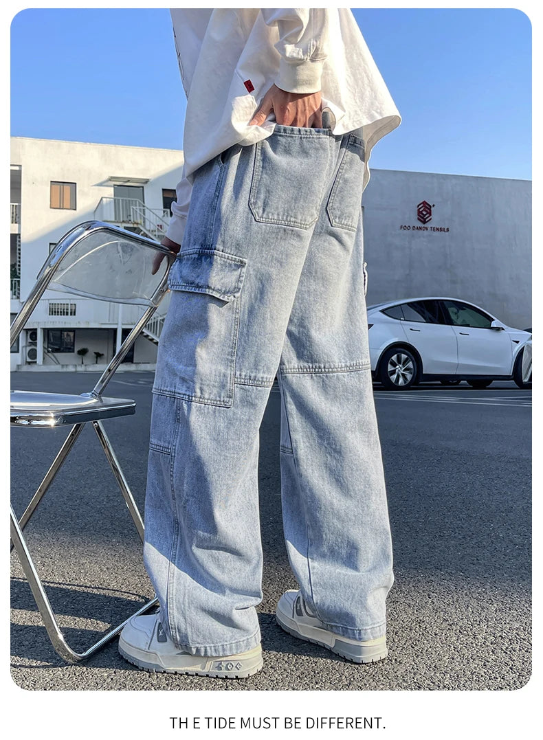 2025 new men's cement grey work jeans Y2K street hip-hop large pocket wide-leg straight jeans trousers jogging black light blue