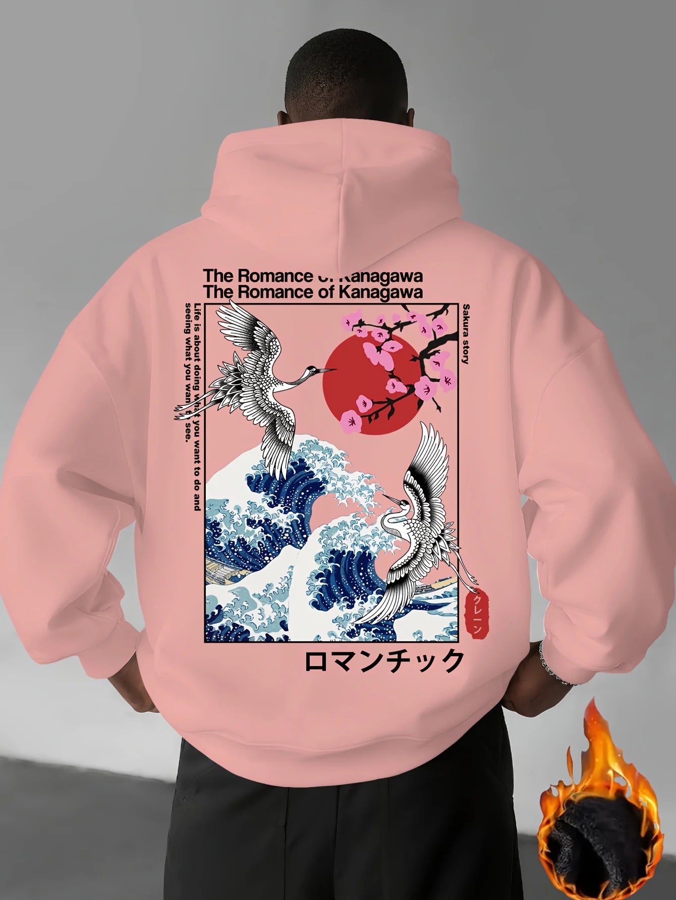 Japan Ukiyoe Sakura&Big Wave Kanagawa Print Men Women Hooded Sweatshirt Autumn Winter Daily Fitness Casual Loose Warm Sportswear