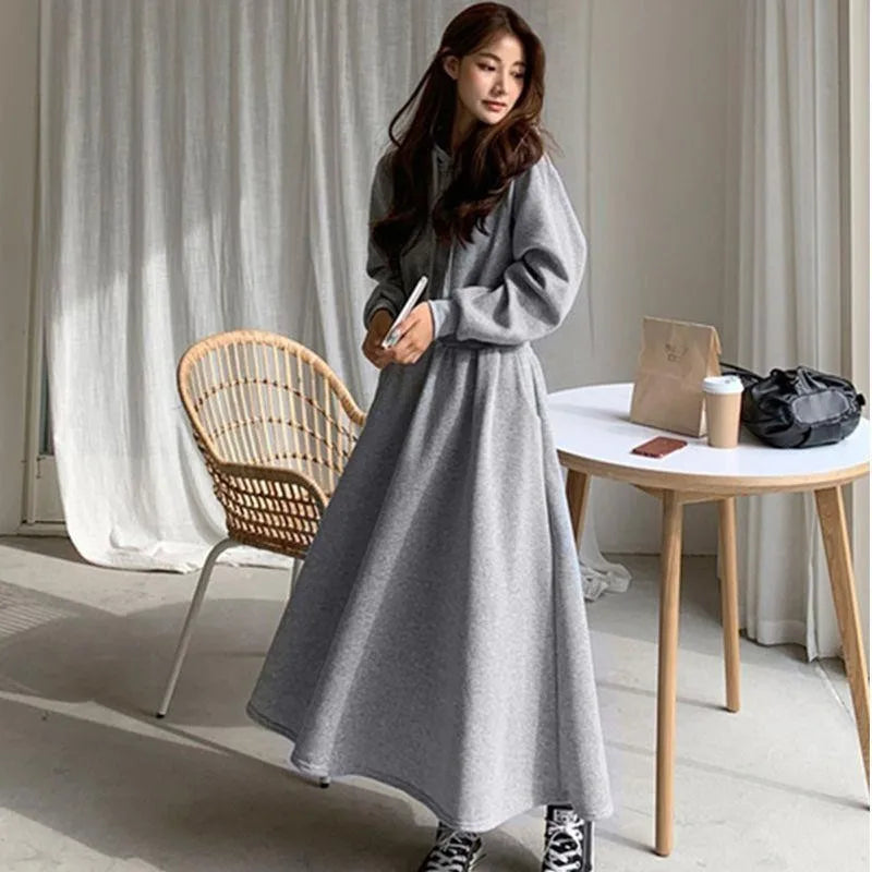 Autumn Winter Casual Women Hooded Cotton Long Dress Long Sleeved Pullover Solid Hoodie Shirring A-Line Floor-Length Rib Dresses