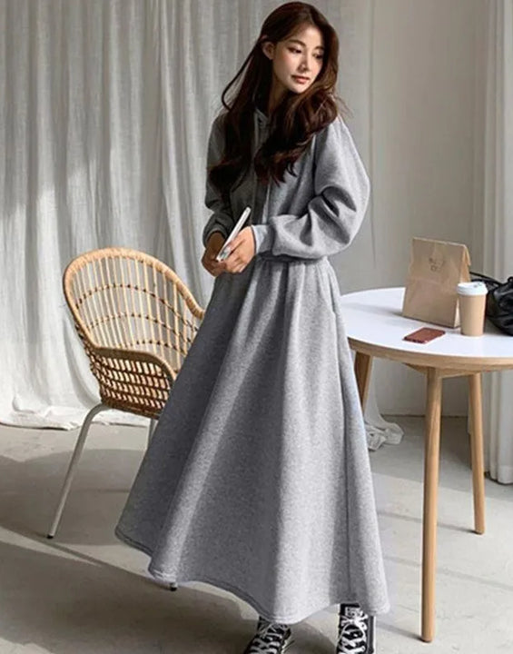 Autumn Winter Casual Women Hooded Cotton Long Dress Long Sleeved Pullover Solid Hoodie Shirring A-Line Floor-Length Rib Dresses